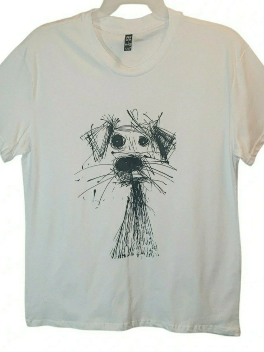 Womens lg t-shirt features a distinctive black, scribble-style puppy. New